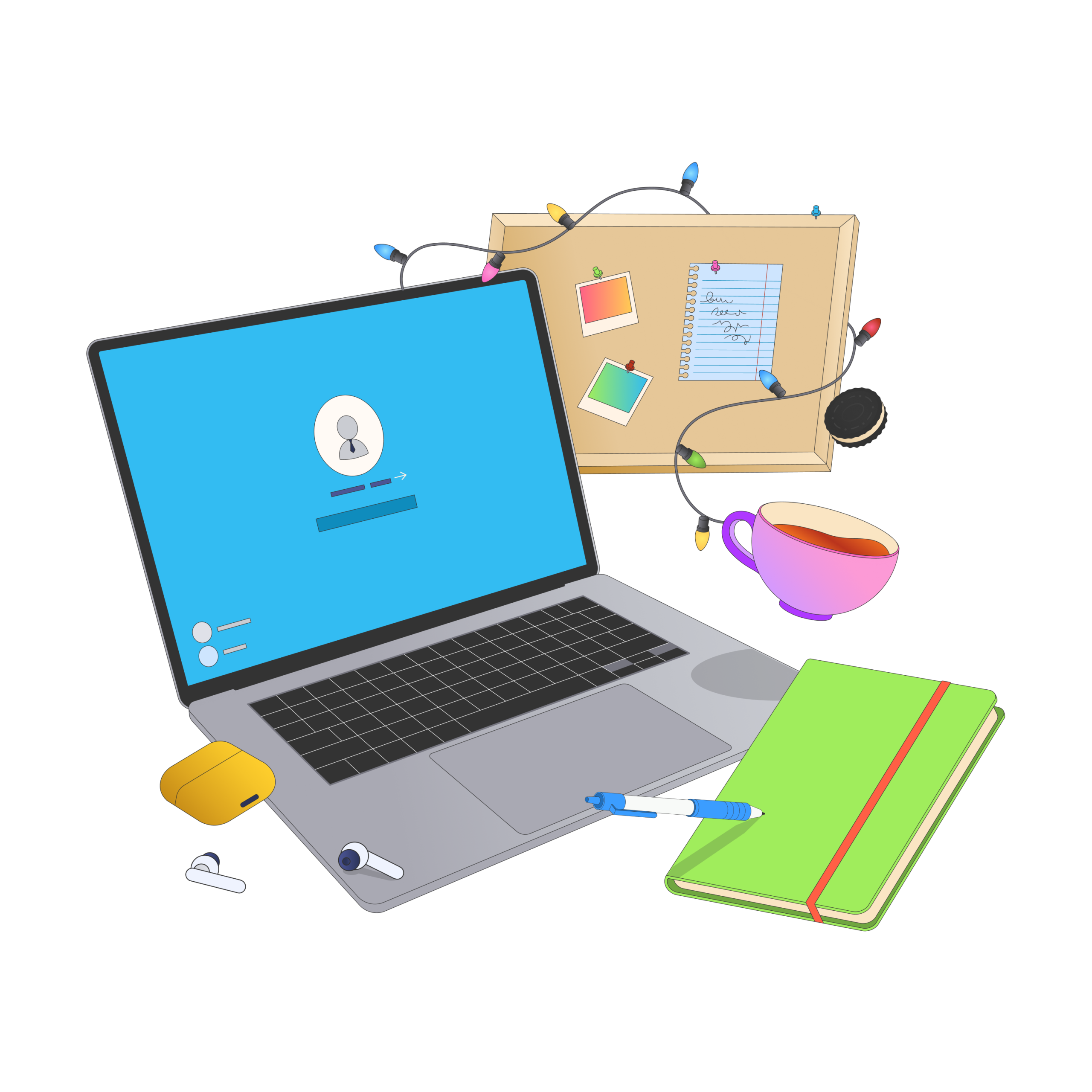 Arbeitsplatz zu Hause mit Laptop und Pinnwand