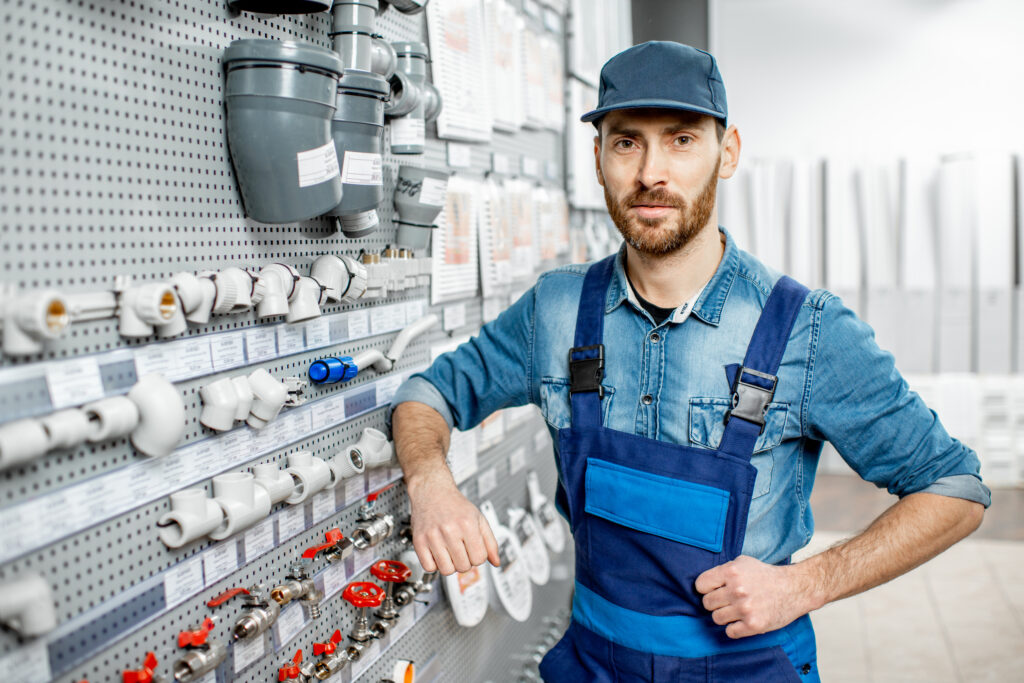 Handwerker wählt im Fachgeschäft zwischen verschiedenen Rohren: selbst verarbeiten oder fertige Lösung einkaufen?